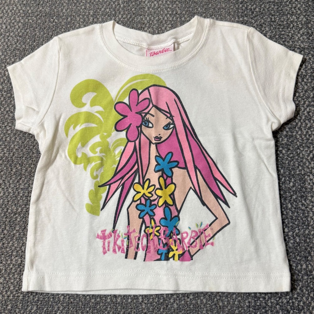 Vintage Barbie Tiki T-Shirt White Y2K Girls Size Medium (5-6)